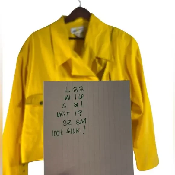Vintage 80s Yellow Silk Moto Jacket Bold Shoulders Structured Hong Kong Made - Picture 15 of 15